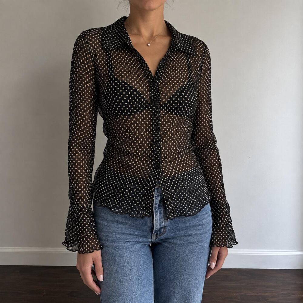 VTG 90s Hale Bob Silk Chiffon Sheer Black Polka Dot Button Down Blouse Size Med